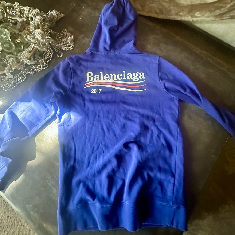 Balenciaga Blue Hoodie with Red & White Wave Detail